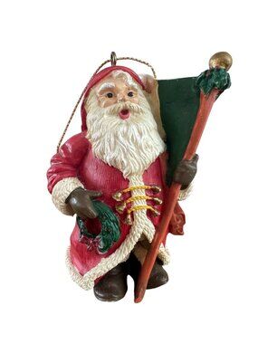 Santa Claus Painted Resin Ornament With Wreath & Green Flag 4 Inches Christmas H